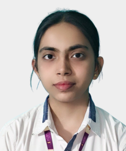 Portrait of a young woman with dark hair wearing a white shirt and lanyard, facing the camera.