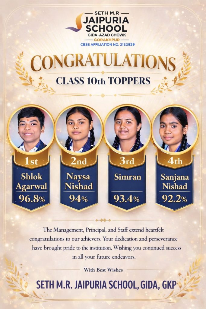 Class 10 toppers banner from Seth M.R. Jaipuria School with four student portraits and ranks 1st–4th, including names and percentages (Shlok Agarwal 96.8%, Naysa Nishad 94%, Simran 93.4%, Sanjana Nishad 92.2%).