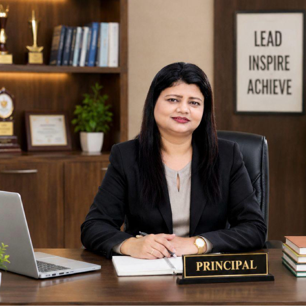 Principal sits at a desk in a professional office, wearing a black blazer. A laptop and notebook are on the desk; a nameplate reads 'PRINCIPAL' and a framed 'Lead Inspire Achieve' poster is on the wall.